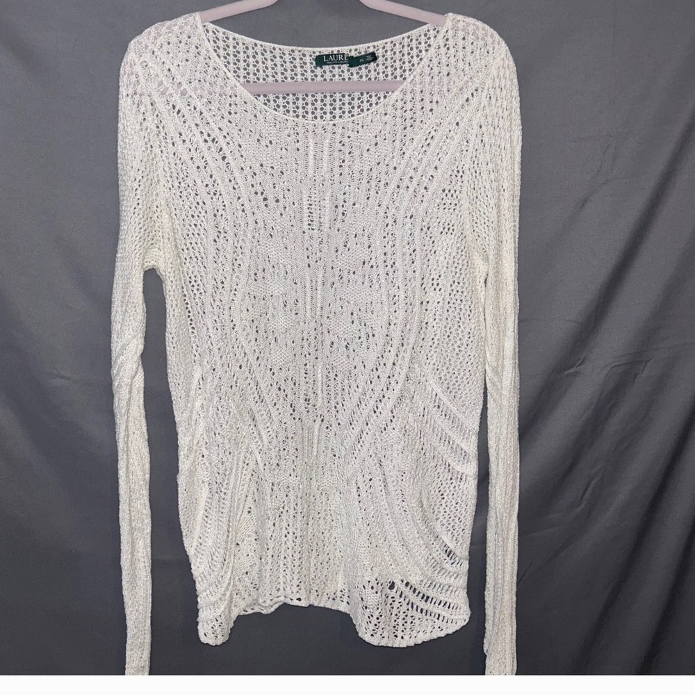 Lauren Ralph Lauren White Knit Pointelle Sweater Womens XL Long Sleeve Scoop